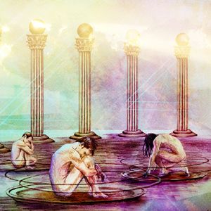 John Rodney Teyla crouched in rainbow light, ancient columns